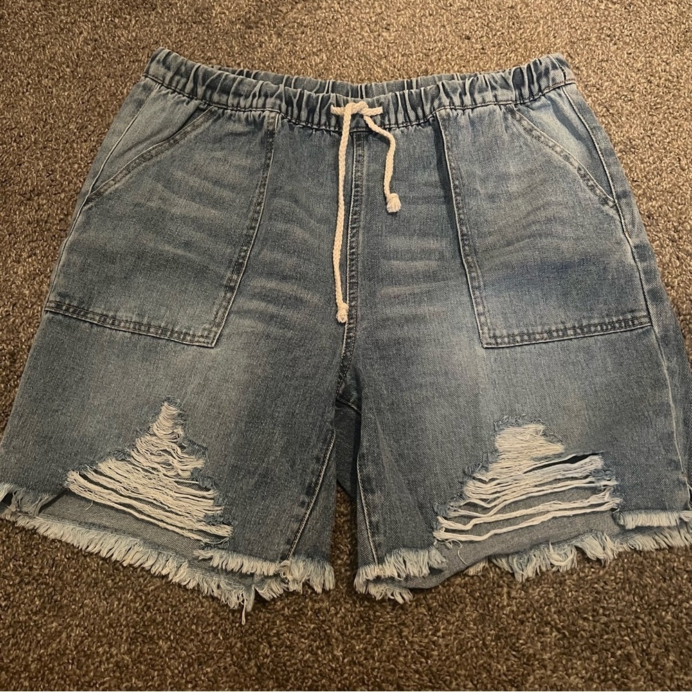 Almost Famous Denim Jeans Shorts Distressed Pull On W/drawstring Light Blue XL